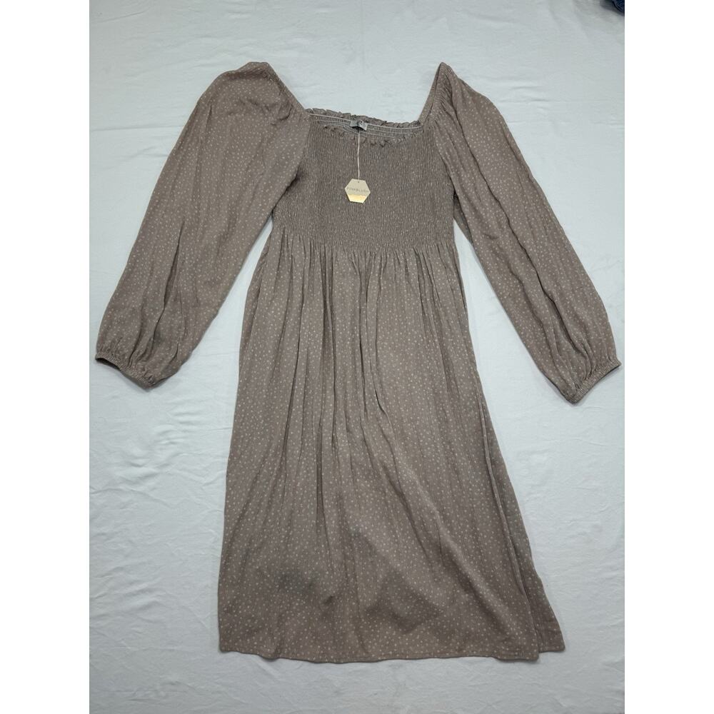 Maternity Dress Womens 1XL Long Sleeve Light Brown Lined Cottagecore Smocked NWT